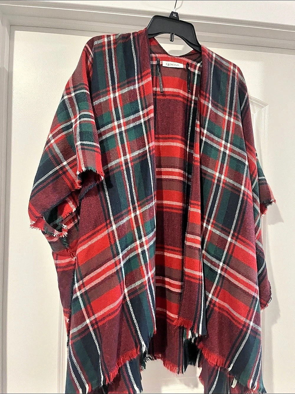 QUAGGA Plaid Fringe Poncho in Red & Green Like New